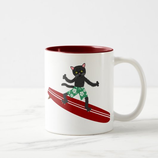 Schwarze Katze Longboard Surfer Zweifarbige Tasse (Rechts)