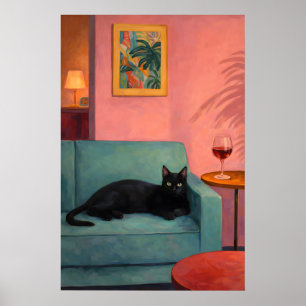 Schwarze Katze Lounge Poster, Gemütliches Retro-Wo Poster