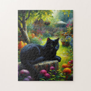 Schwarze Katze Lounges im Frühlingsgarten Malerei Puzzle