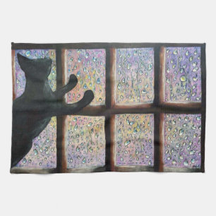 Schwarze Katze, magisch, Regentropfen, Geschirrtuch