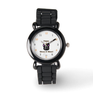 Schwarze Katze Meow-A-Ween-Kinder Silver Glitzer W Armbanduhr