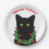 Schwarze Katze | Meowy Catmas Holly Beries Weihnac Pappteller (Vorderseite)