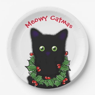 Schwarze Katze Meowy Catmas Holly Beries Weihnac Pappteller