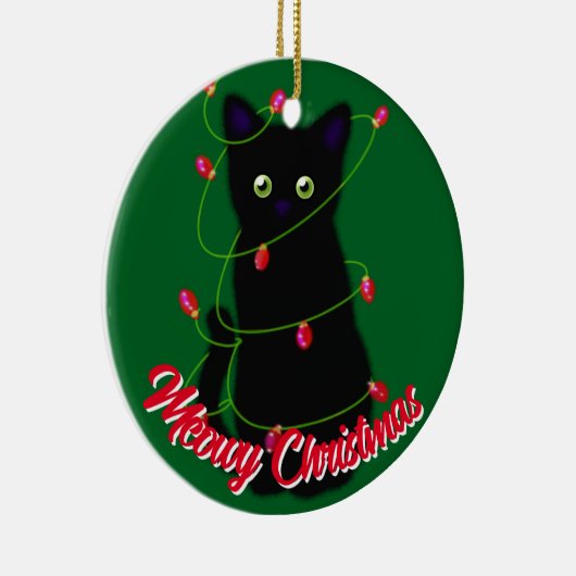 Schwarze Katze Meowy Weihnachten roten Tinkeln Lic Keramik Ornament (Rechts)