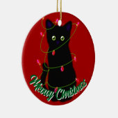 Schwarze Katze Meowy Weihnachten roten Tinkeln Lic Keramik Ornament (Rechts)
