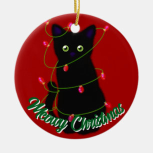 Schwarze Katze Meowy Weihnachten roten Tinkeln Lic Keramik Ornament