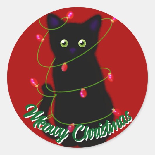 Schwarze Katze Meowy Weihnachten roten Tinkeln Lic Runder Aufkleber (Vorderseite)