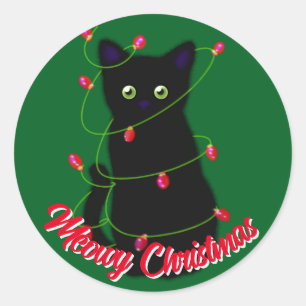 Schwarze Katze Meowy Weihnachten roten Tinkeln Lic Runder Aufkleber