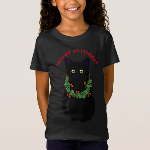 Schwarze Katze Meowy Weihnachten Stechpalmen-G T-Shirt
