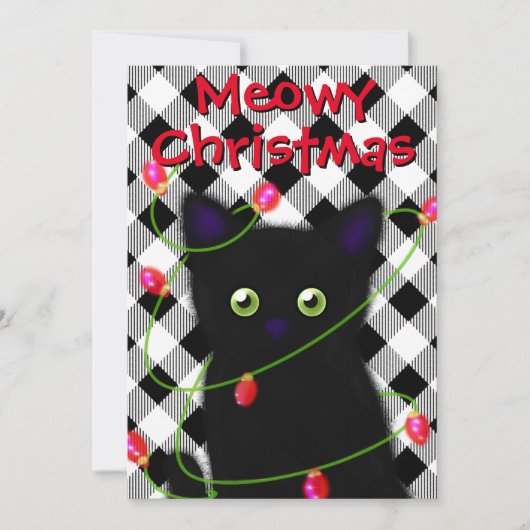 Schwarze Katze Meowy Weihnachtsblitz Gingham Feiertagskarte (Vorderseite)