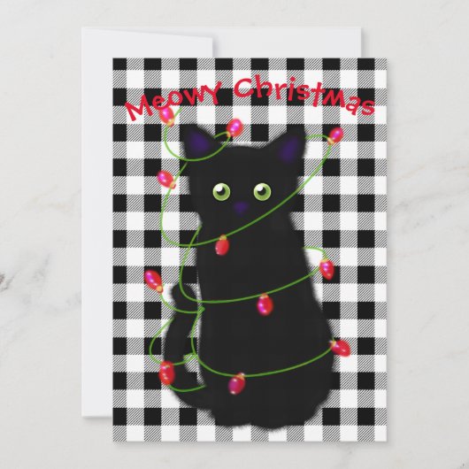 Schwarze Katze Meowy Weihnachtsblitz Gingham Feiertagskarte (Vorderseite)