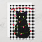 Schwarze Katze Meowy Weihnachtsblitz Gingham Feiertagskarte (Vorne/Hinten)