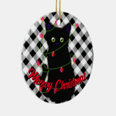 Schwarze Katze Meowy Weihnachtsblitz Gingham Keramik Ornament (Rechts)