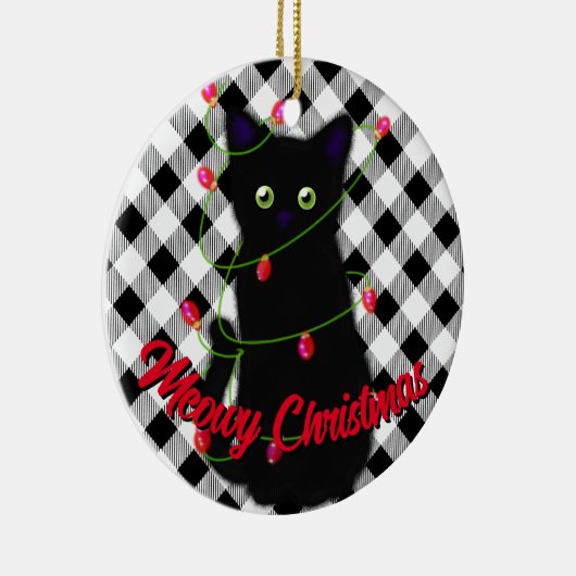 Schwarze Katze Meowy Weihnachtsblitz Gingham Keramik Ornament (Rechts)