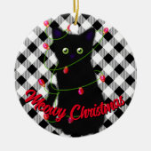 Schwarze Katze Meowy Weihnachtsblitz Gingham Keramik Ornament (Vorne)