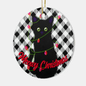 Schwarze Katze Meowy Weihnachtsblitz Gingham Keramik Ornament (Links)