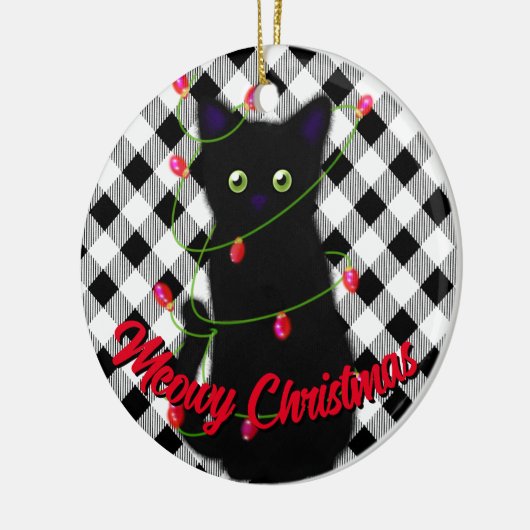 Schwarze Katze Meowy Weihnachtsblitz Gingham Keramik Ornament (Links)