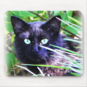 Schwarze Katze mit auffälligen grünen Augen Mousepad
