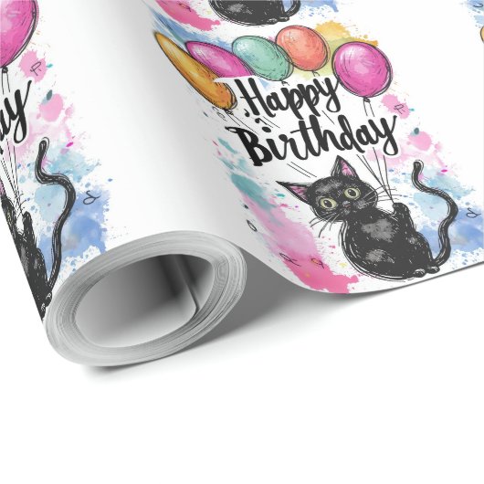 Schwarze Katze mit Balloons Geschenkpapier (Rolleneckpunkt)