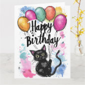 Schwarze Katze mit Balloons Karte (Gelbe Blume)