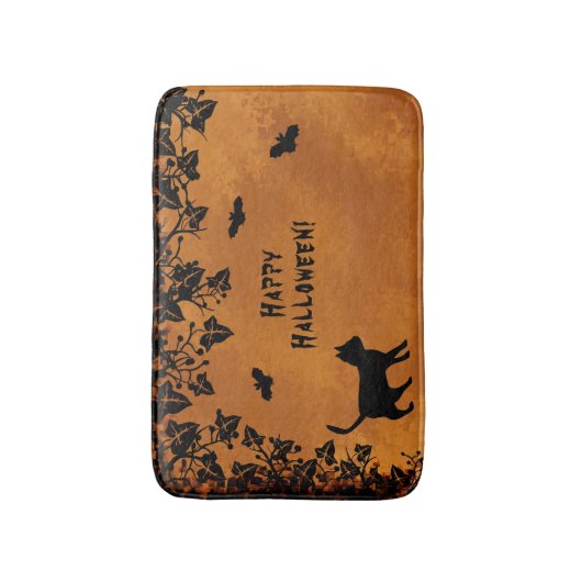 Schwarze Katze mit Bat, glückliches Halloween Badematte (Vorderseite Vertikal)