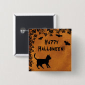 Schwarze Katze mit Bat, glückliches Halloween Button (Vorne & Hinten)