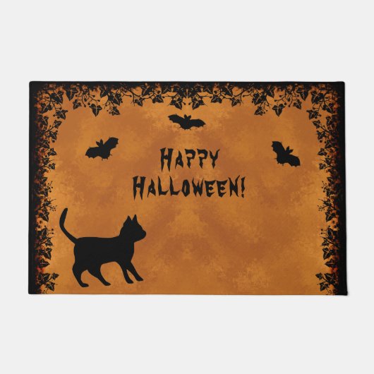 Schwarze Katze mit Bat, glückliches Halloween Fußmatte (Vorderseite)