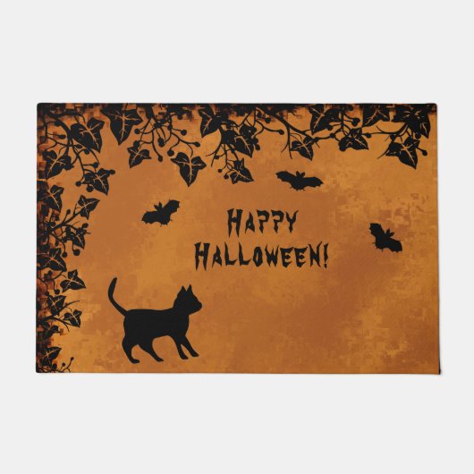 Schwarze Katze mit Bat, glückliches Halloween Fußmatte (Vorderseite)