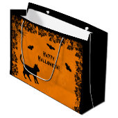 Schwarze Katze mit Bat , Glückliches Halloween! Große Geschenktüte (Vorderseite Schrägansicht)