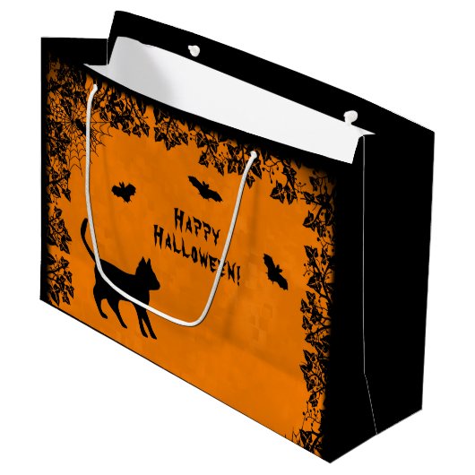 Schwarze Katze mit Bat , Glückliches Halloween! Große Geschenktüte (Vorderseite Schrägansicht)