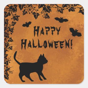 Schwarze Katze mit Bat, glückliches Halloween Quadratischer Aufkleber