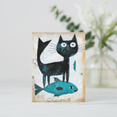Schwarze Katze mit blauem Fisch Postkarte (Stehend Vorderseite)