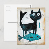 Schwarze Katze mit blauem Fisch Postkarte (Vorne/Hinten)