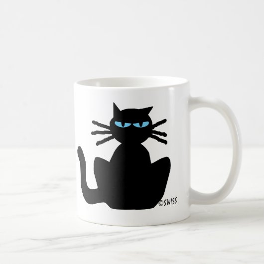 Schwarze Katze mit blauen Augen sitzend Staring Kaffeetasse (Rechts)