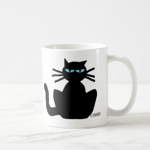 Schwarze Katze mit blauen Augen Sitzstangen Kaffeetasse
