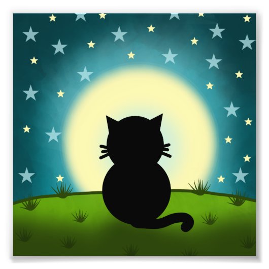 Schwarze Katze mit Blick auf den Mond Fotodruck (Vorne)
