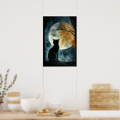 Schwarze Katze mit Blick auf den Mond Poster (Küche)