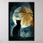 Schwarze Katze mit Blick auf den Mond Poster (Vorne)