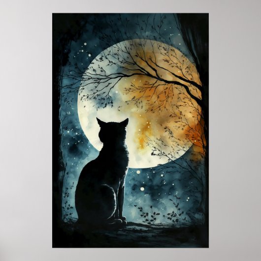 Schwarze Katze mit Blick auf den Mond Poster (Vorne)