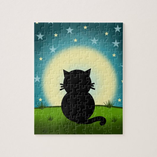 Schwarze Katze mit Blick auf den Mond Puzzle (Vertikal)