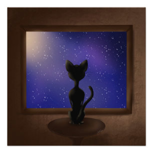 Schwarze Katze mit Blick aus Fenster Nachthimmel S Fotodruck