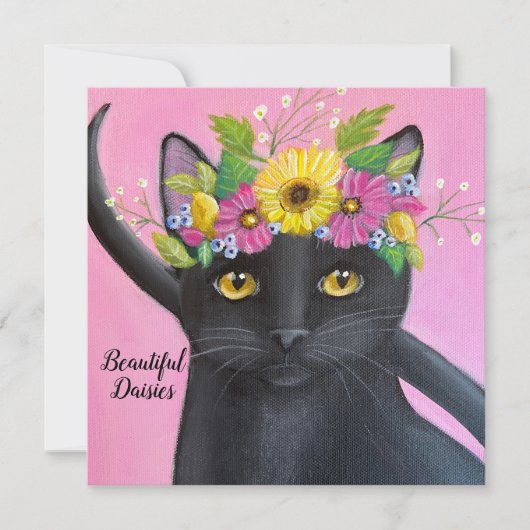 Schwarze Katze mit Blume Crown (Vorderseite)