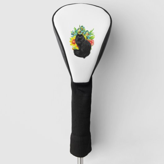 Schwarze Katze mit Blume Golf Headcover (Vorderseite)