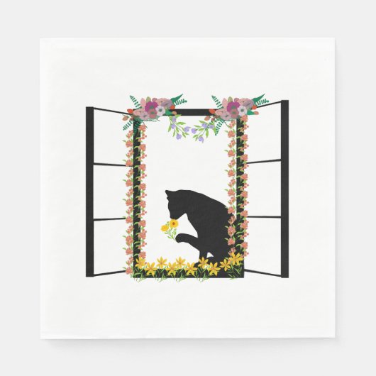 Schwarze Katze mit Blume Serviette (Vorderseite)