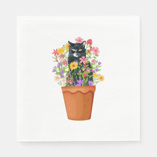 Schwarze Katze mit Blume Serviette (Vorderseite)