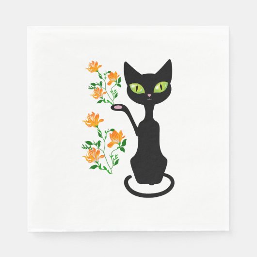 Schwarze Katze mit Blume Serviette (Vorderseite)