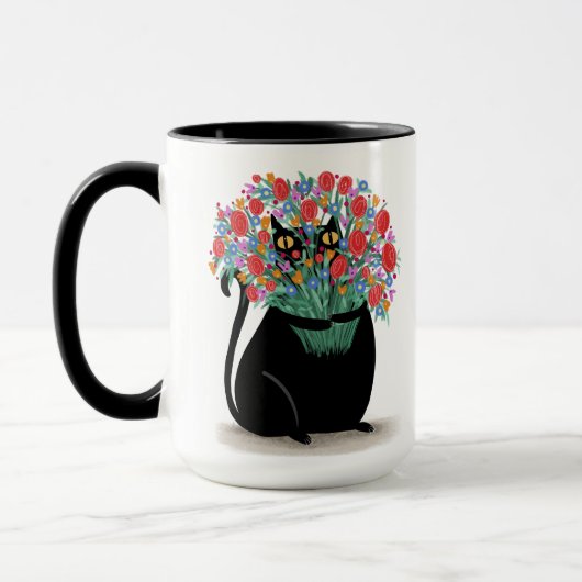 Schwarze Katze mit Blume Tasse (Links)