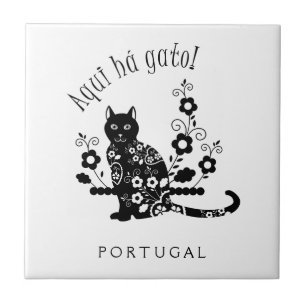 Schwarze Katze mit Blume und portugiesischer Auspr Fliese