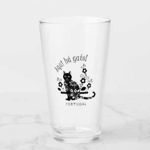 Schwarze Katze mit Blume und portugiesischer Auspr Glas