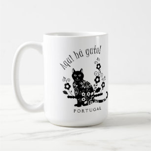 Schwarze Katze mit Blume und portugiesischer Auspr Kaffeetasse